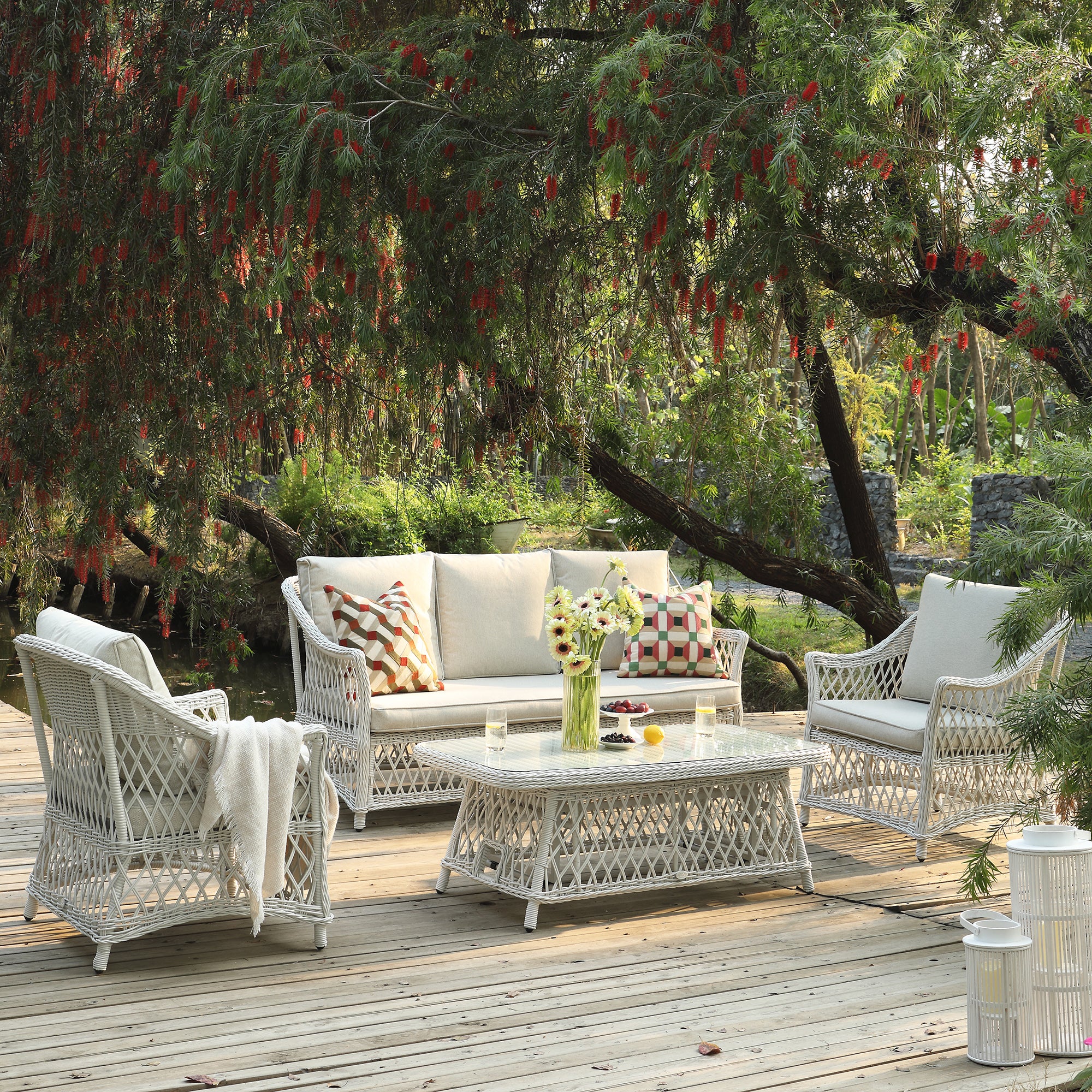 Willowbrook Lattice Weave Rattan 5-Seater Sofa Set with Rising Table, White - Image 2