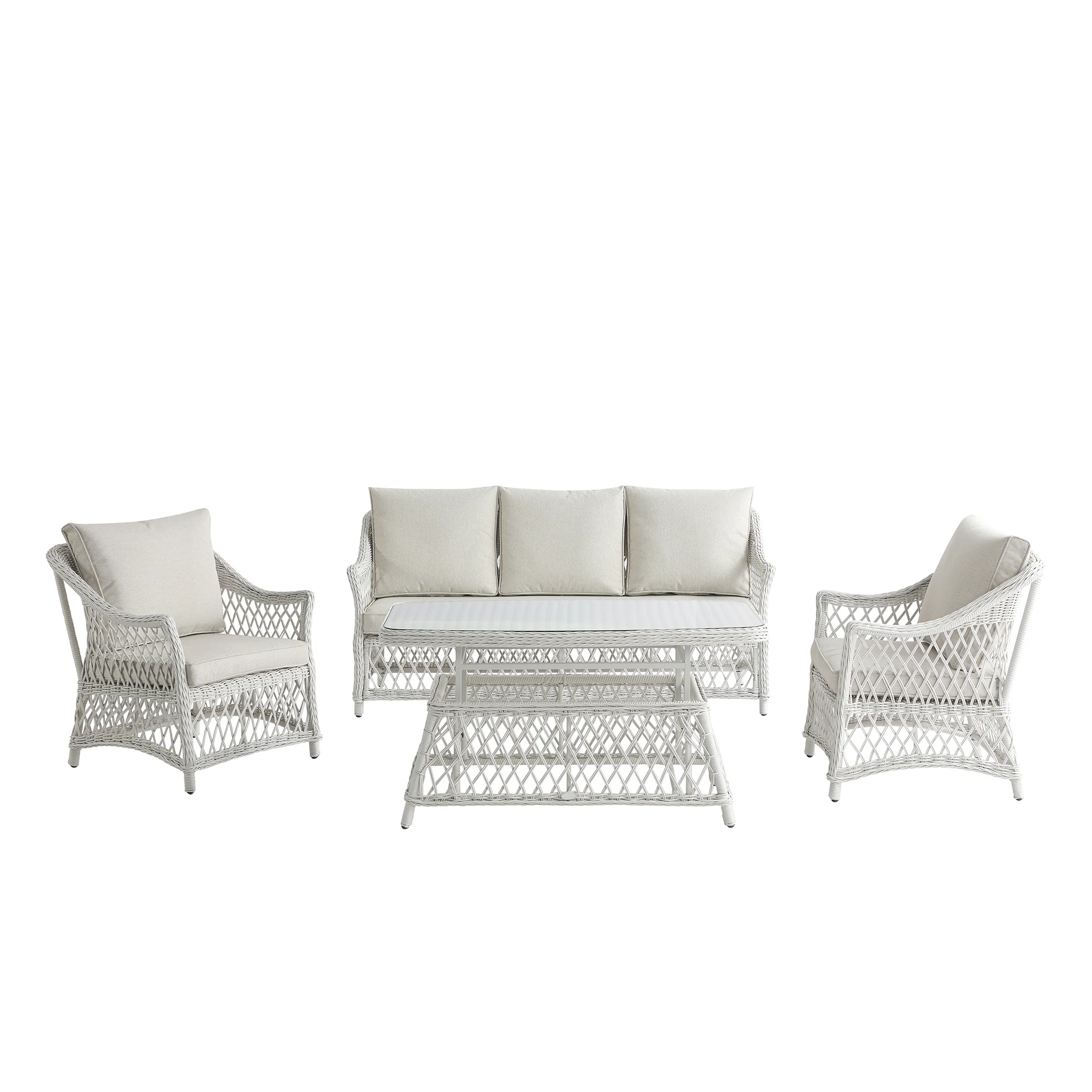 Willowbrook Lattice Weave Rattan 5-Seater Sofa Set with Rising Table, White - Image 21
