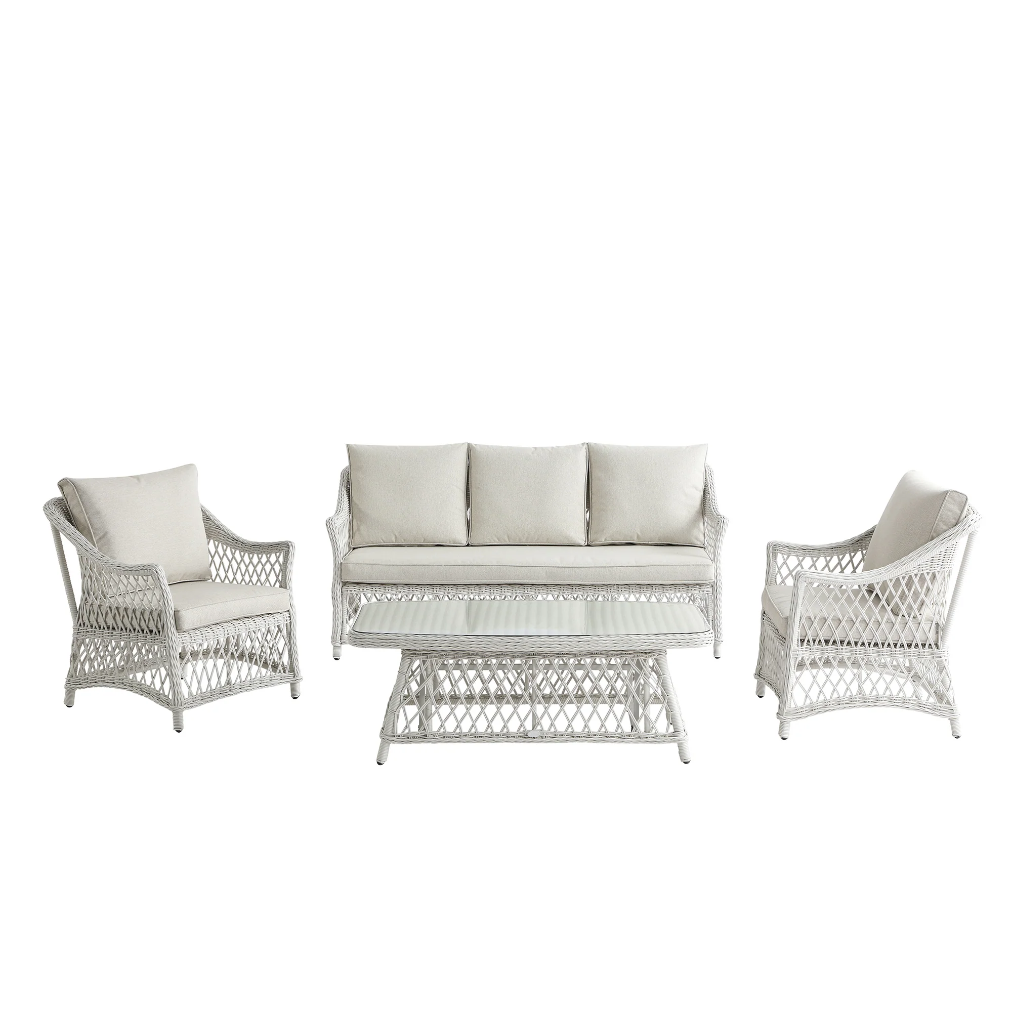 Willowbrook Lattice Weave Rattan 5-Seater Sofa Set with Rising Table, White - Image 22