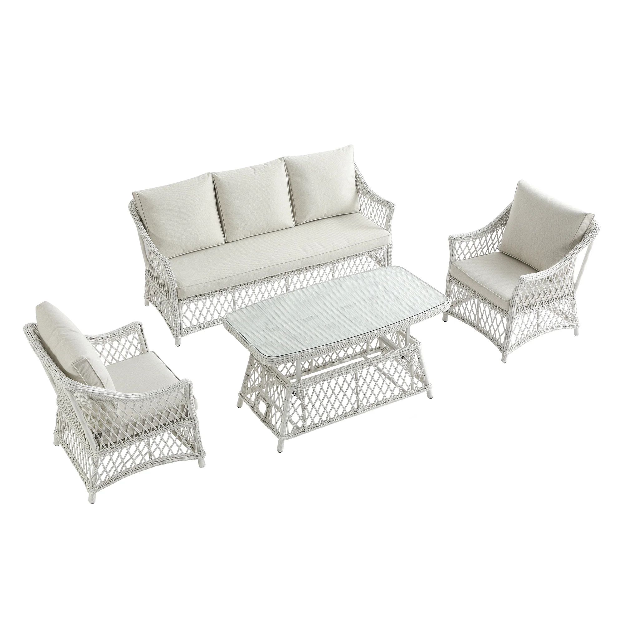 Willowbrook Lattice Weave Rattan 5-Seater Sofa Set with Rising Table, White - Image 23