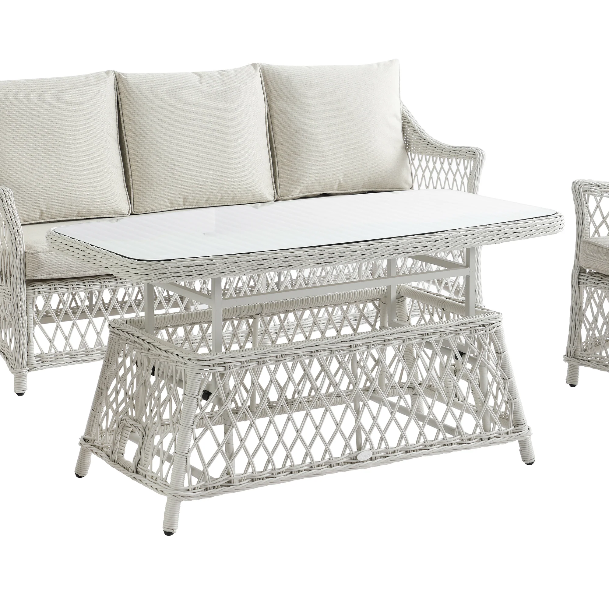 Willowbrook Lattice Weave Rattan 5-Seater Sofa Set with Rising Table, White - Image 28