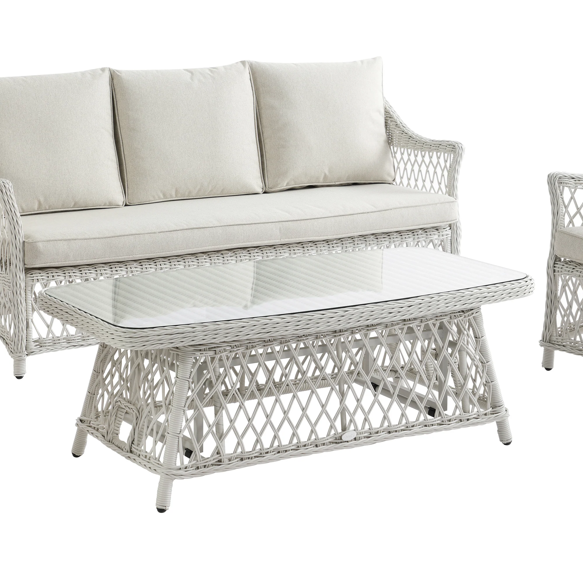 Willowbrook Lattice Weave Rattan 5-Seater Sofa Set with Rising Table, White - Image 29
