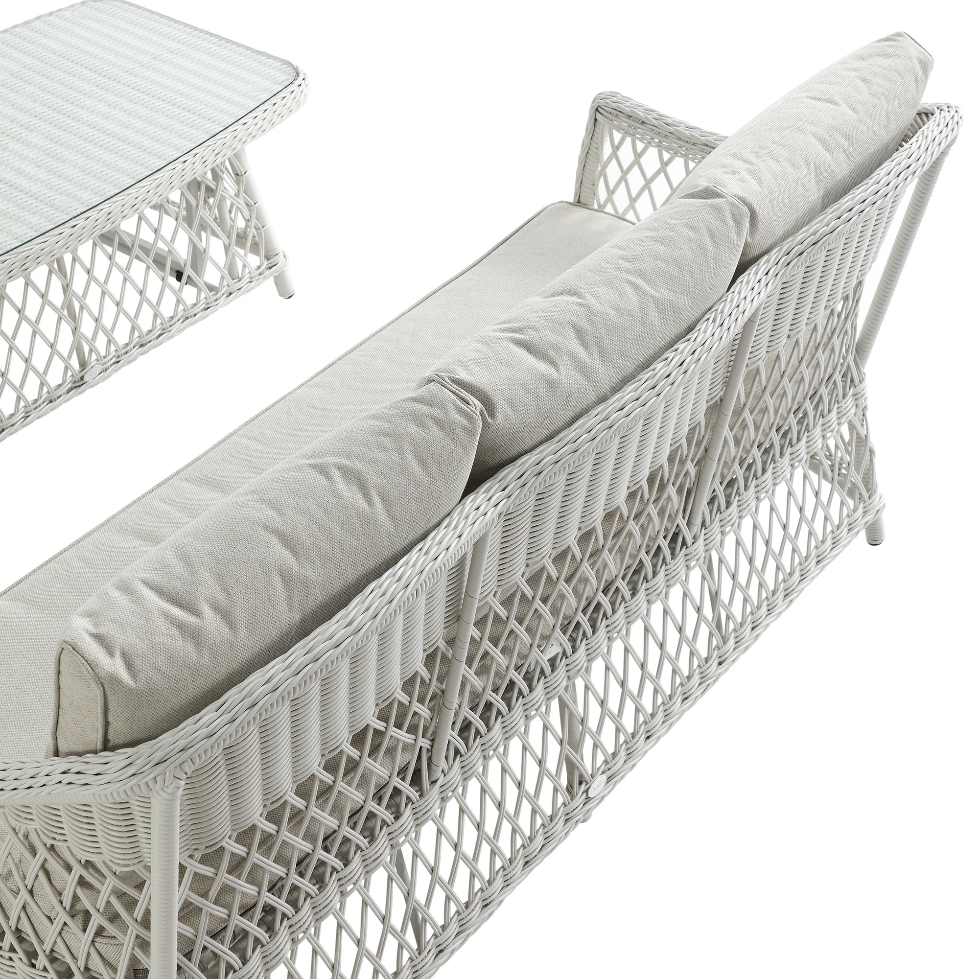 Willowbrook Lattice Weave Rattan 5-Seater Sofa Set with Rising Table, White - Image 31
