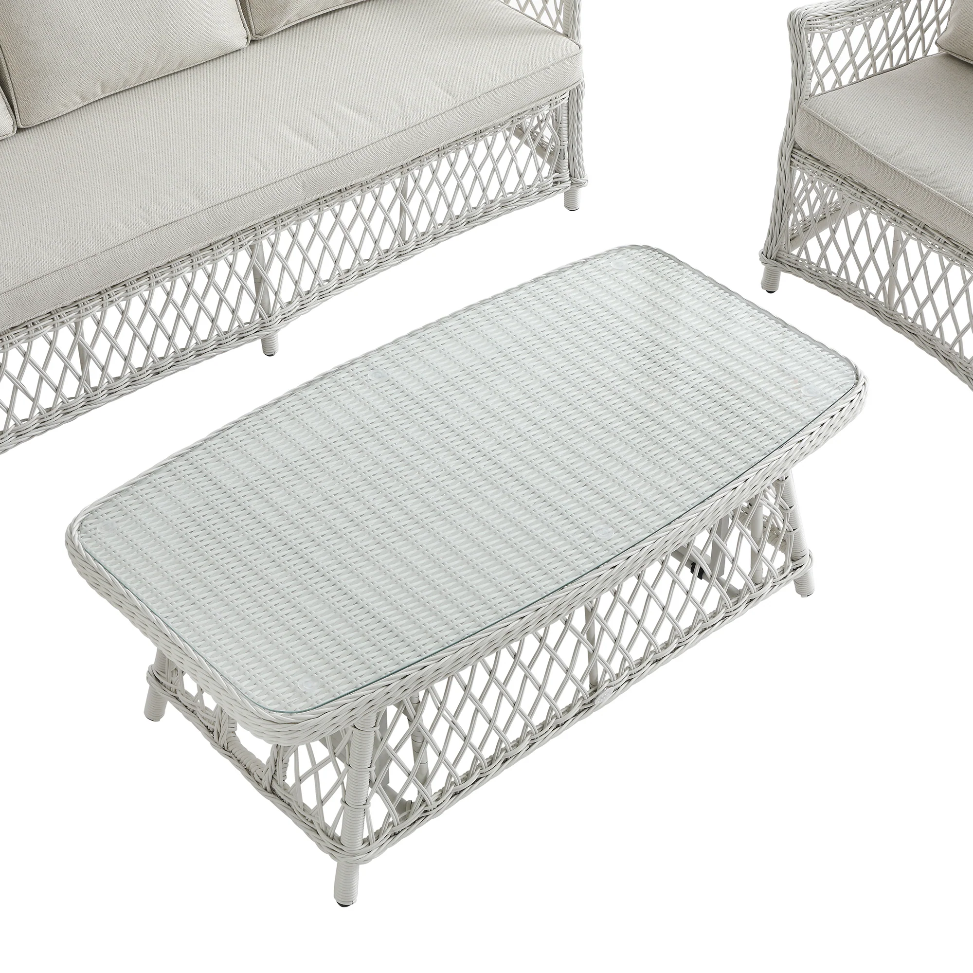 Willowbrook Lattice Weave Rattan 5-Seater Sofa Set with Rising Table, White - Image 32