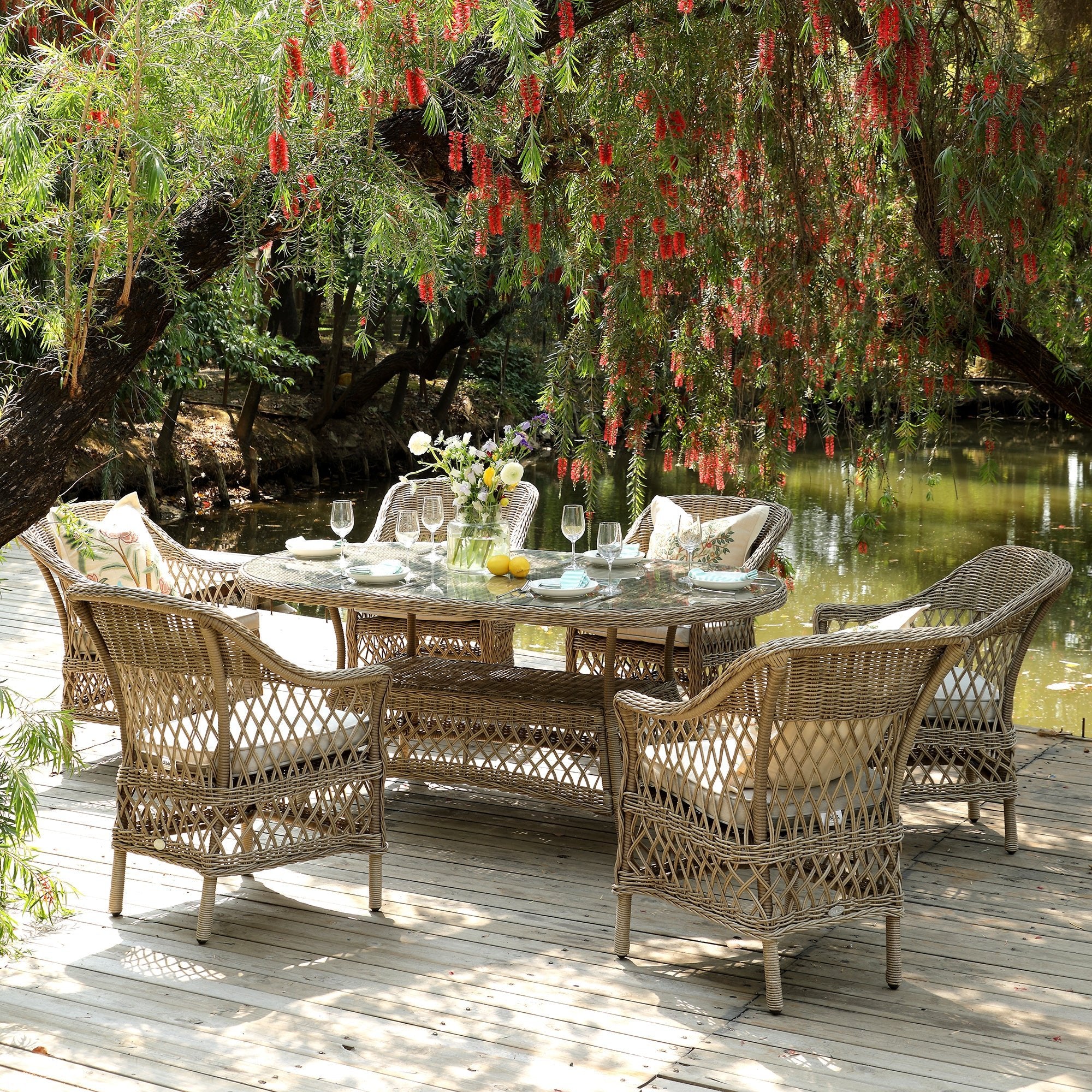 Willowbrook Lattice Weave Rattan 6-Seater Oval Dining Set, Natural - Image 2