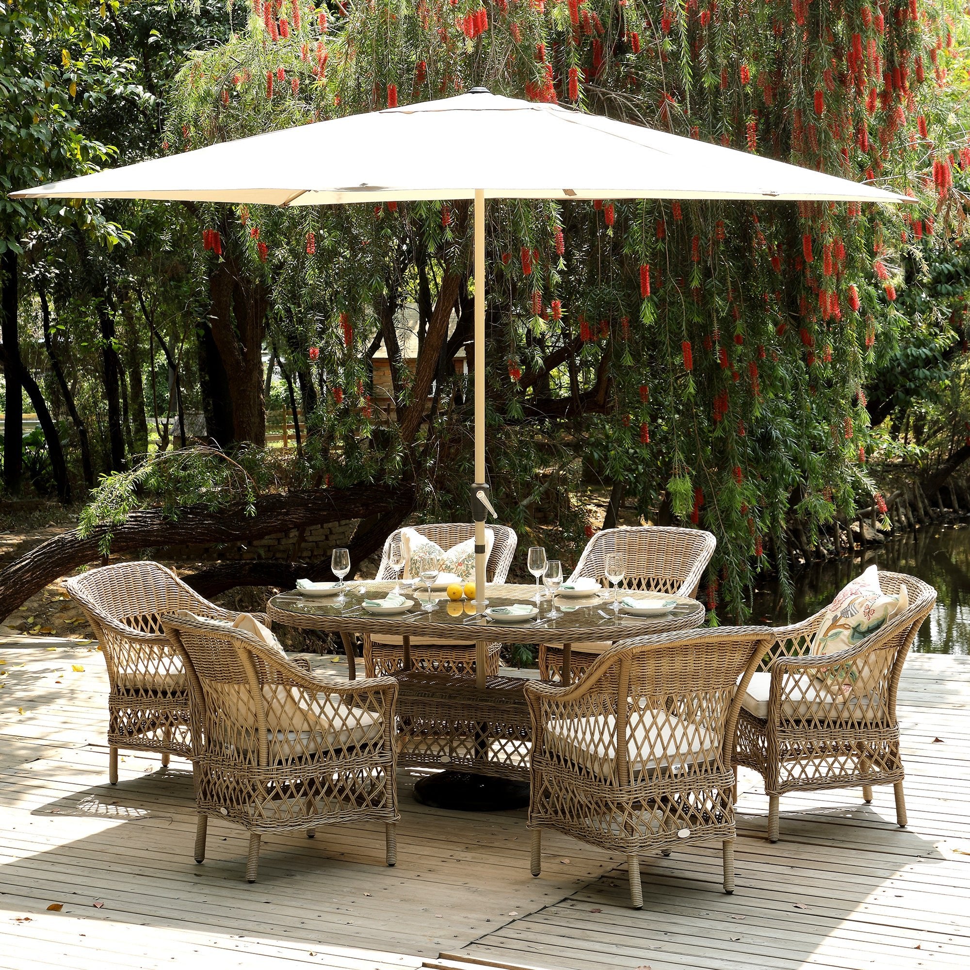 Willowbrook Lattice Weave Rattan 6-Seater Oval Dining Set, Natural - Image 4