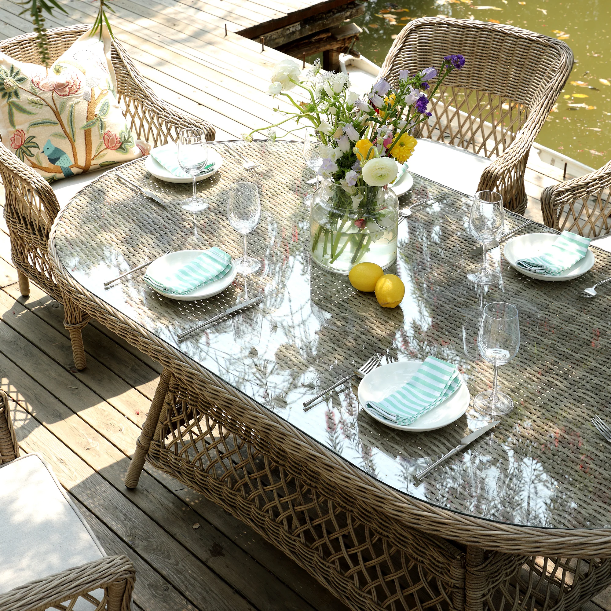 Willowbrook Lattice Weave Rattan 6-Seater Oval Dining Set, Natural - Image 5