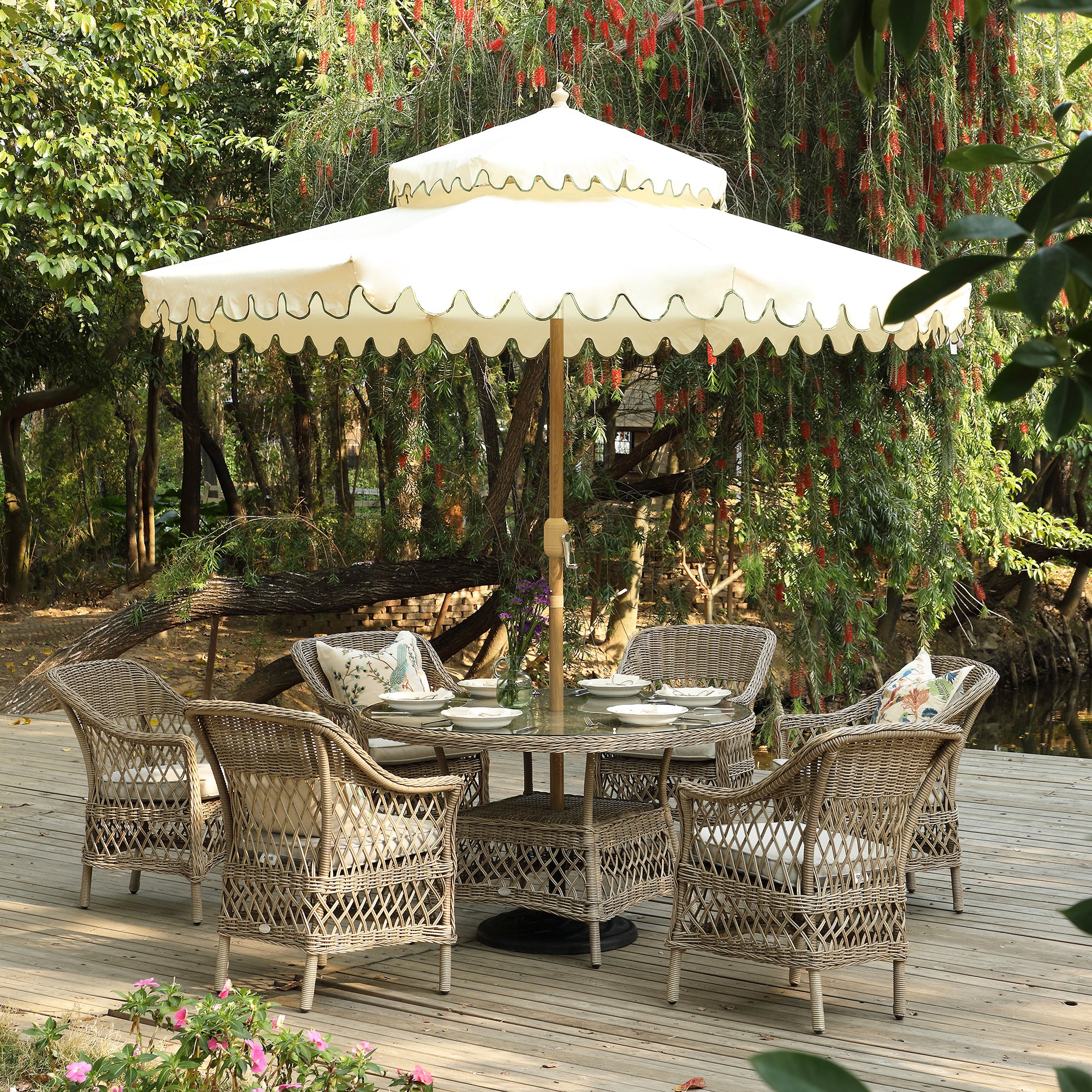 Willowbrook Lattice Weave Rattan 6-Seater Round Dining Set, Natural - Image 3