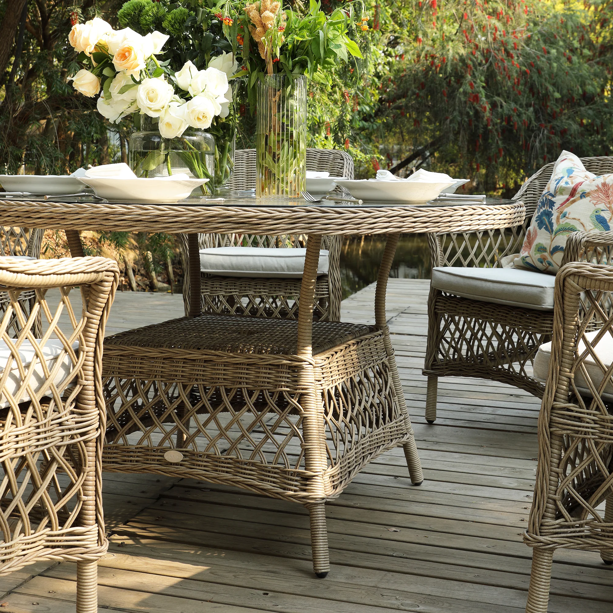 Willowbrook Lattice Weave Rattan 6-Seater Round Dining Set, Natural - Image 4