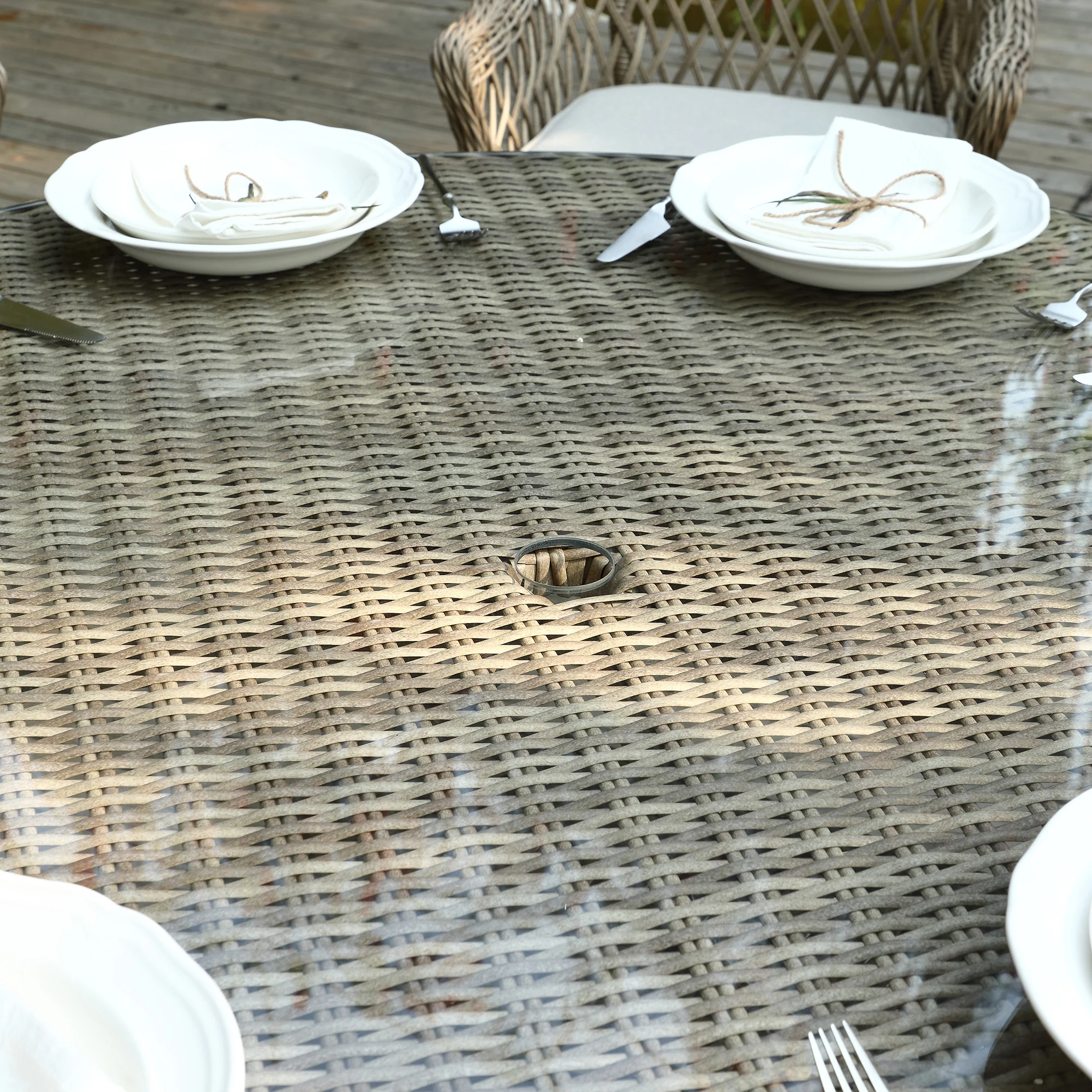 Willowbrook Lattice Weave Rattan 6-Seater Round Dining Set, Natural - Image 8