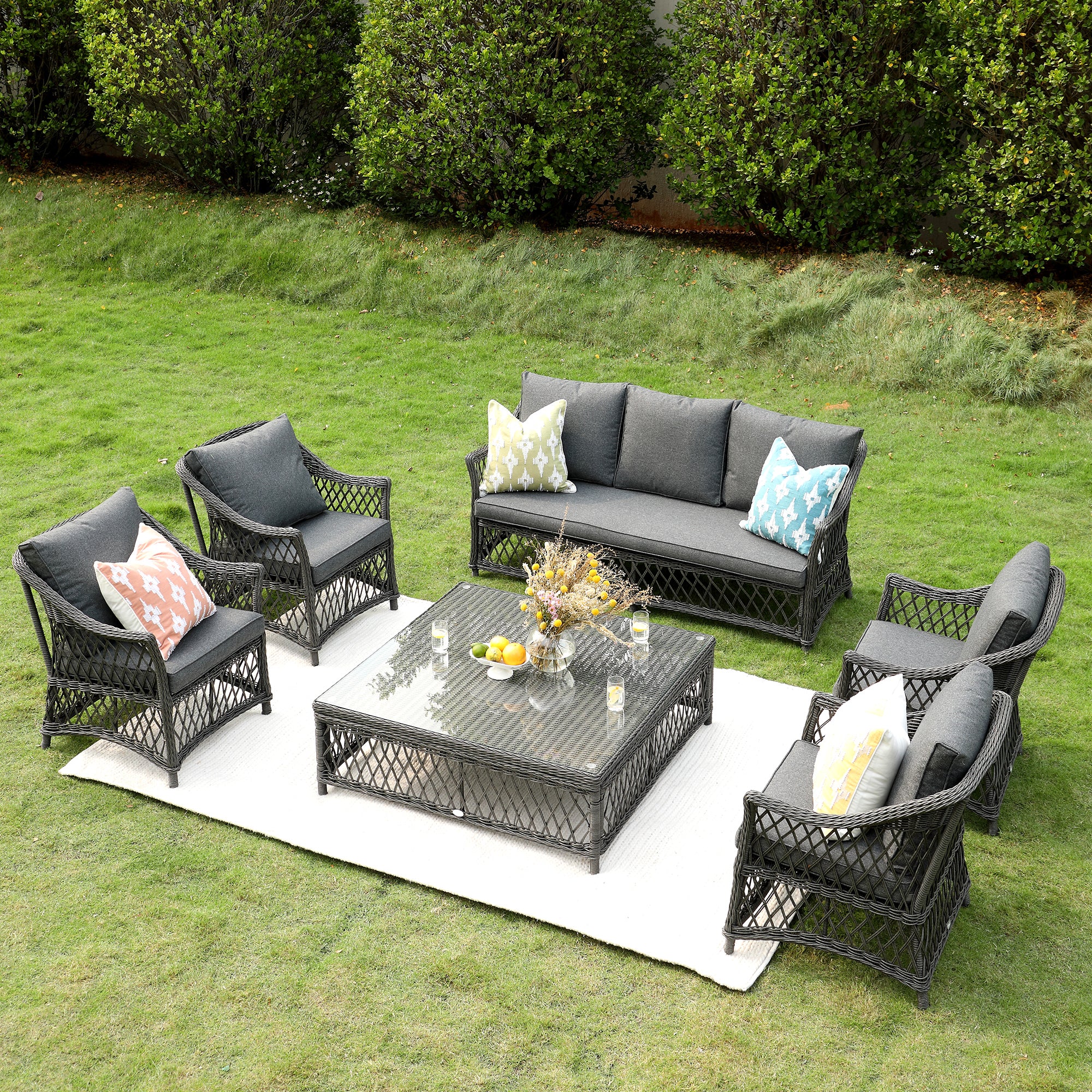 Willowbrook Lattice Weave Rattan 7-Seater Large Sofa Set, Dark Grey - Image 3