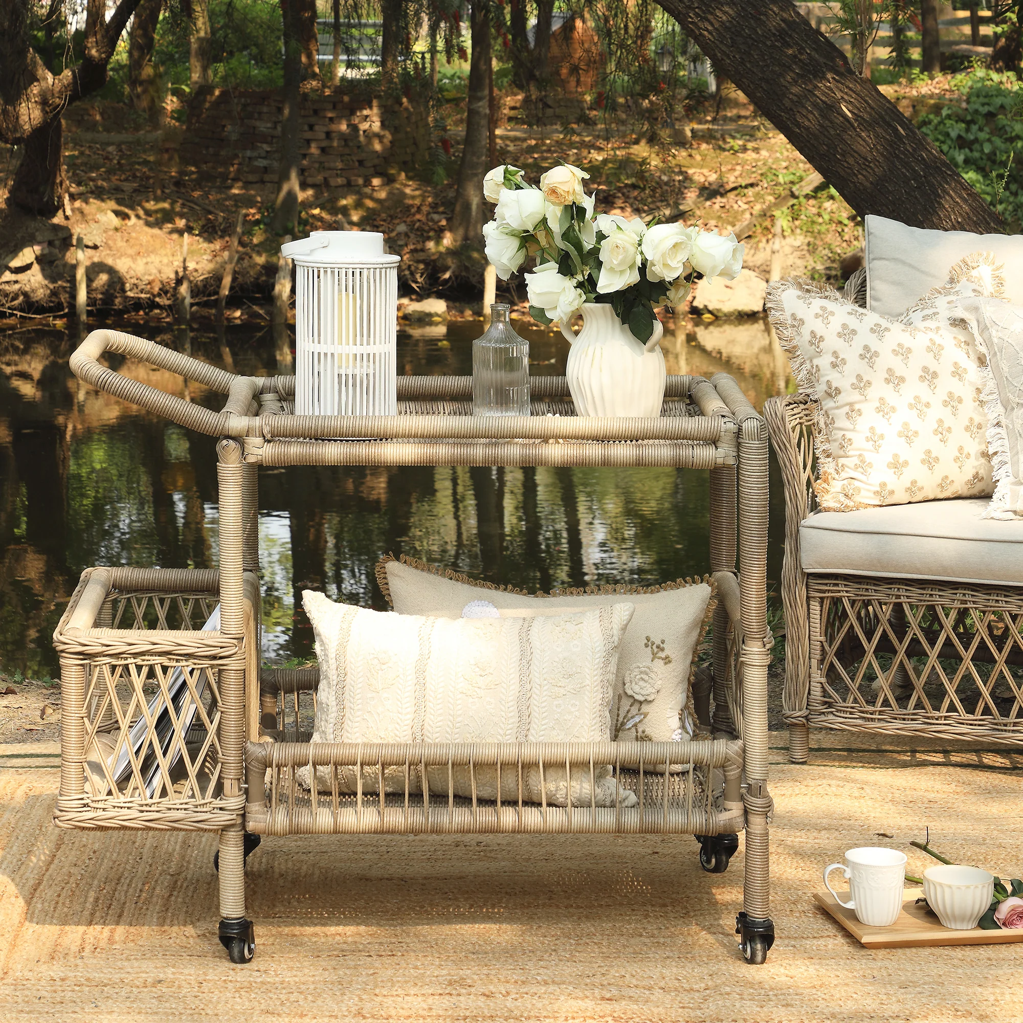 Willowbrook Lattice Weave Rattan Bar Cart, Natural - Image 2