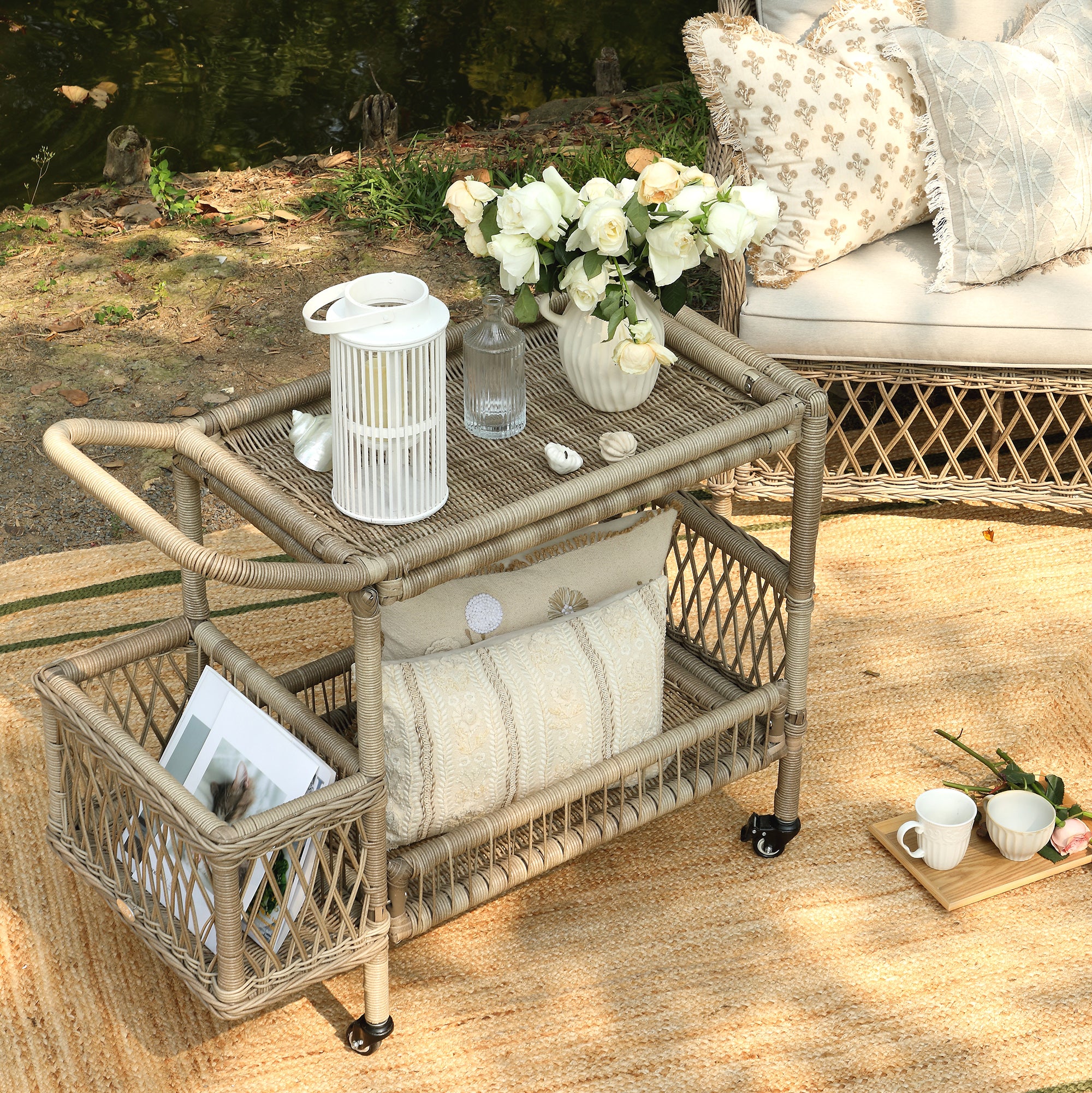 Willowbrook Lattice Weave Rattan Bar Cart, Natural - Image 3