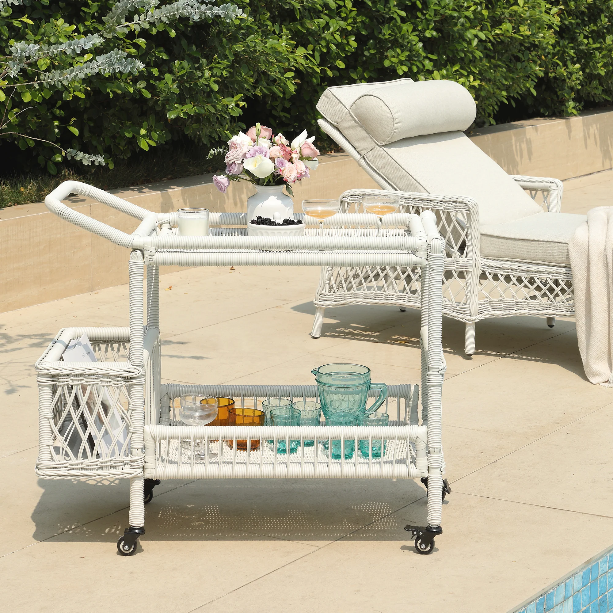 Willowbrook Lattice Weave Rattan Bar Cart, White - Image 2