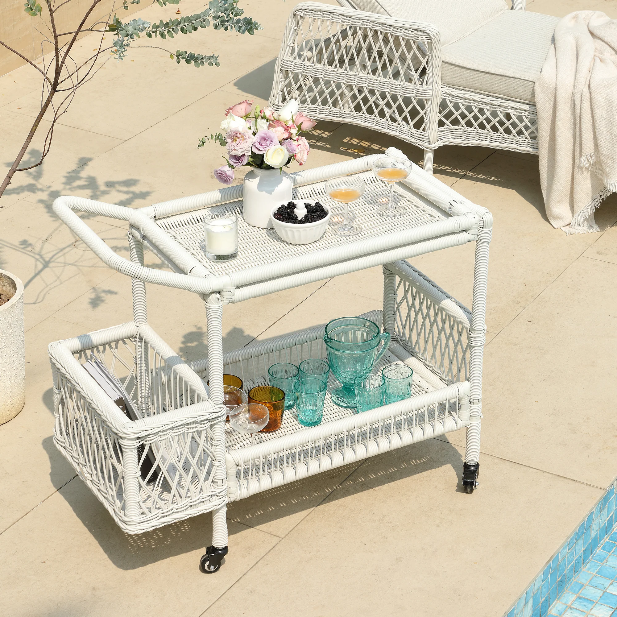 Willowbrook Lattice Weave Rattan Bar Cart, White - Image 3