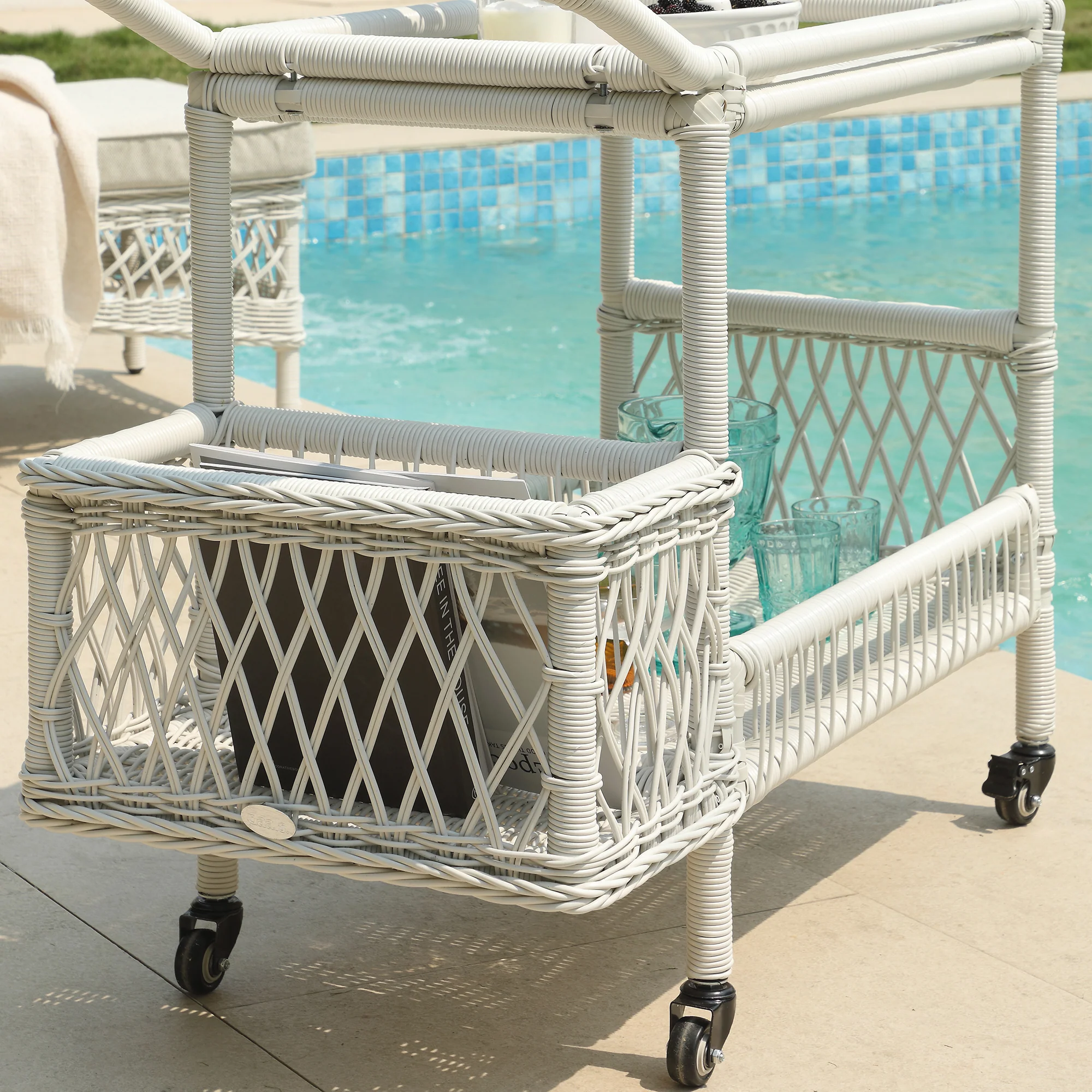 Willowbrook Lattice Weave Rattan Bar Cart, White - Image 6