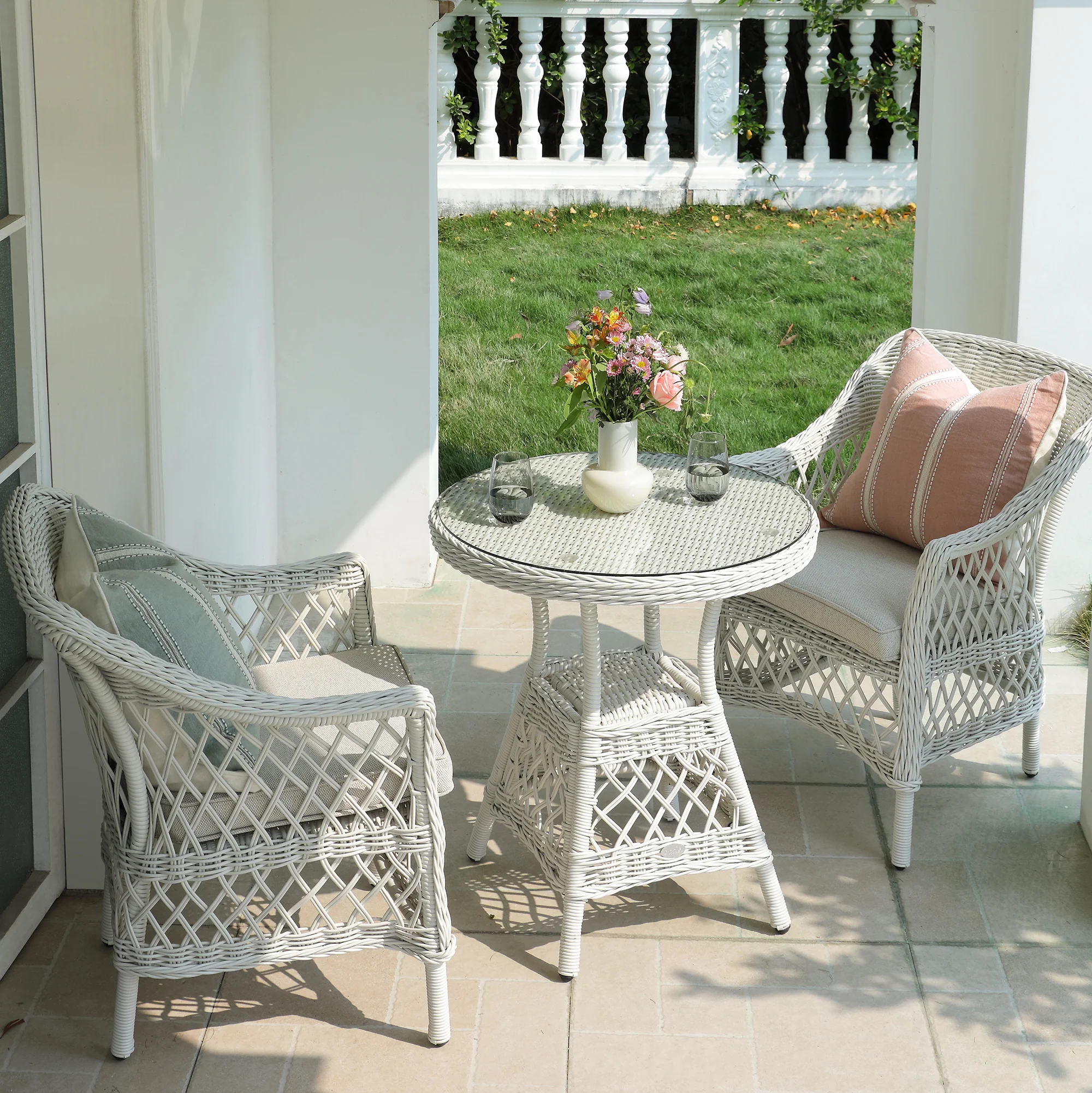 Willowbrook Lattice Weave Rattan Bistro Set, White - Image 3