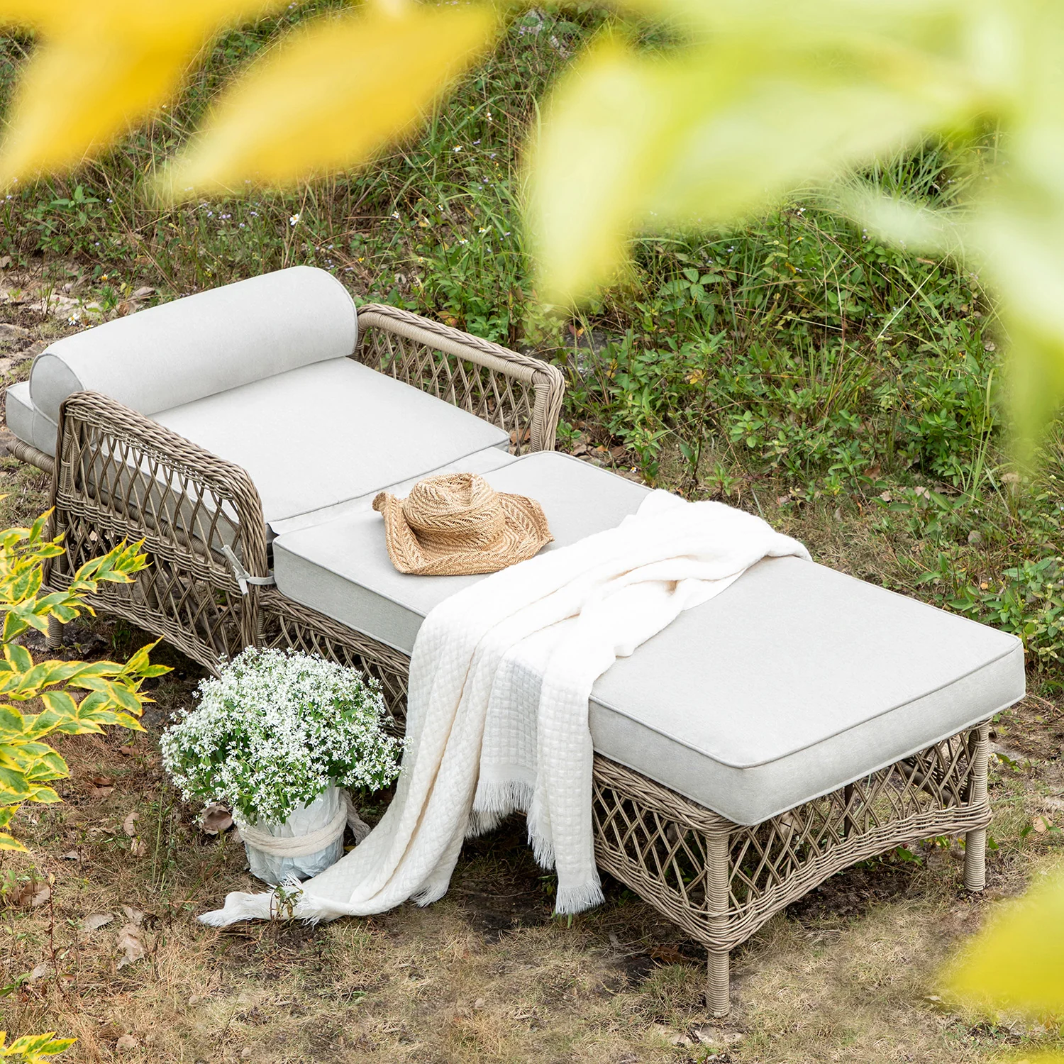 Willowbrook Lattice Weave Rattan Sun Lounger, Natural - Image 4