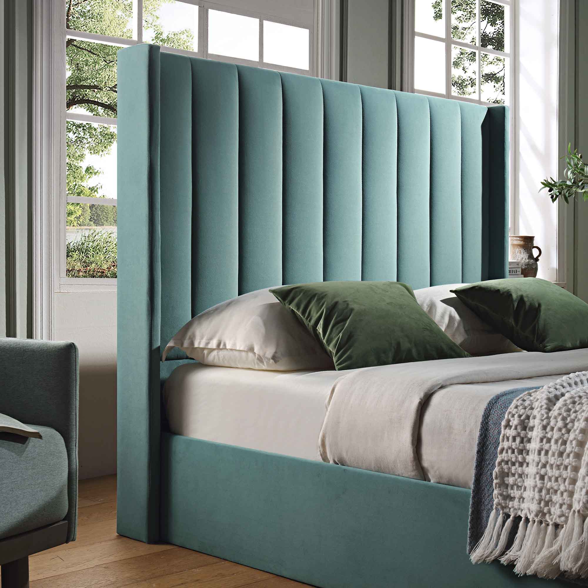 Wilton Seafoam Blue Velvet Ottoman Storage Bed - Image 4