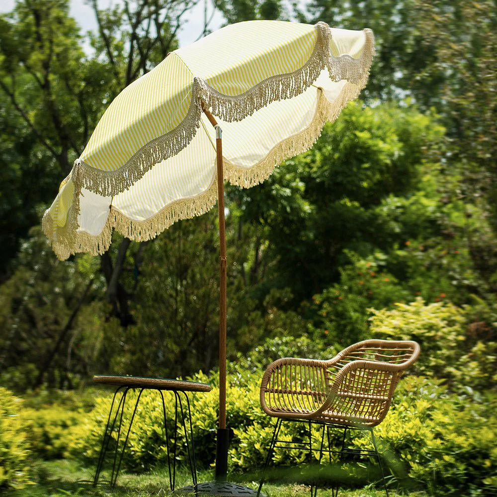 Gabriel Yellow and White Striped Fringed Parasol with Tilt - Image 2